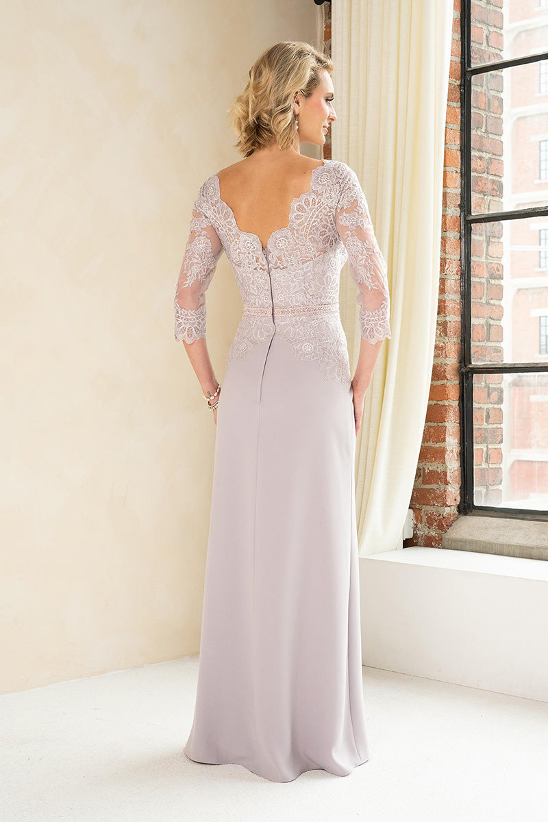 M6013 - Low V-Neck Lace Appliqued Chiffon A-Line Mother of the Bride Dress