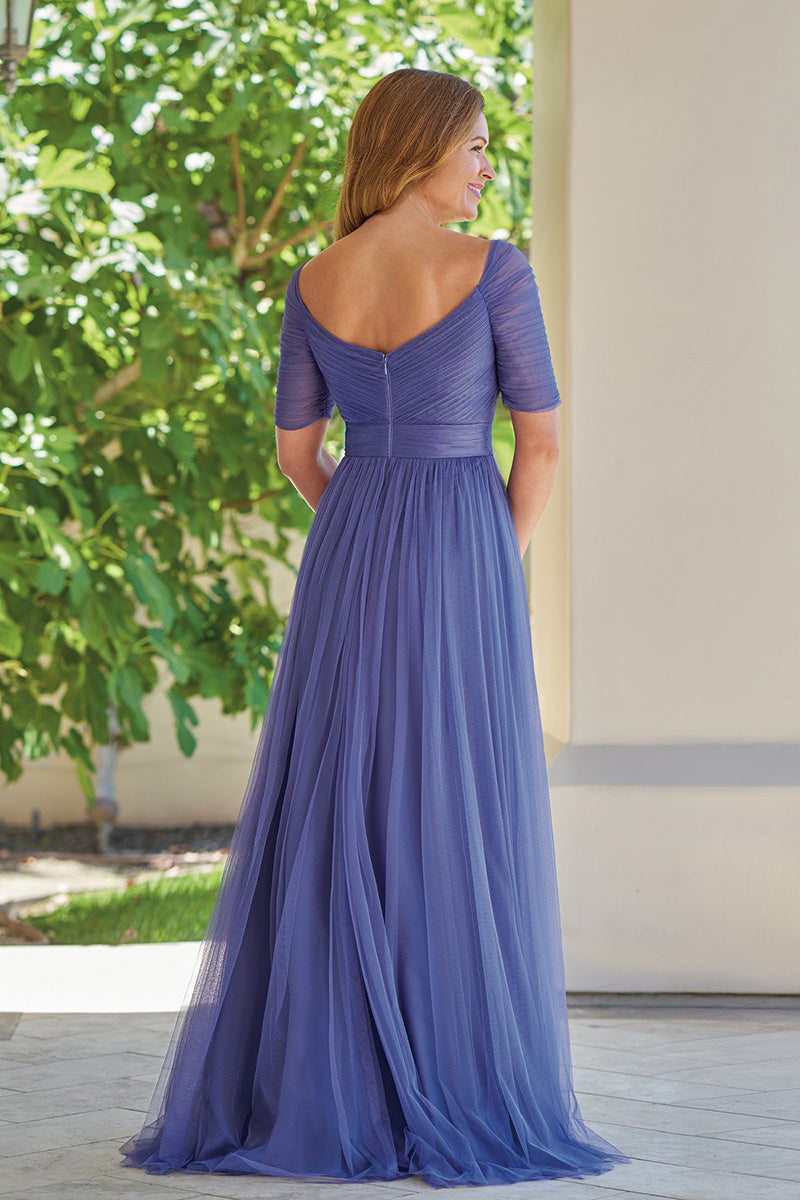 M6021 - V-Neck Short Sleeves Ruched Tulle A-Line Mother of the Bride Dress