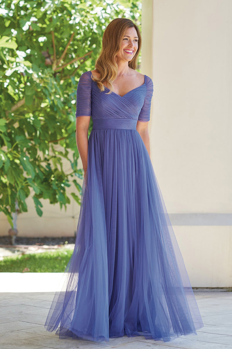 M6021 - V-Neck Short Sleeves Ruched Tulle A-Line Mother of the Bride Dress