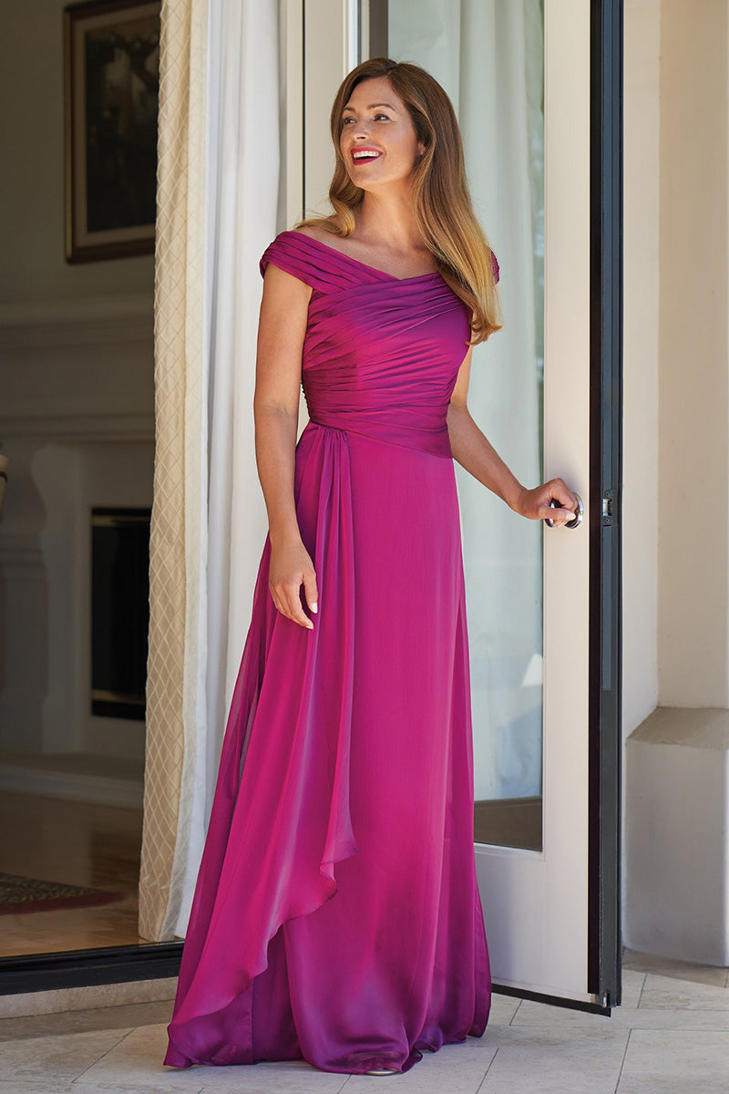 M6022 - V-Neck Ruched Chiffon A-Line Long Mother of the Bride Dress