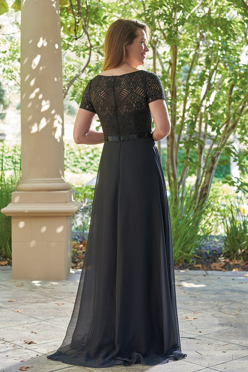 M6026 - Scoop Short Sleeves Lace Chiffon A-Line Mother of the Bride Dress