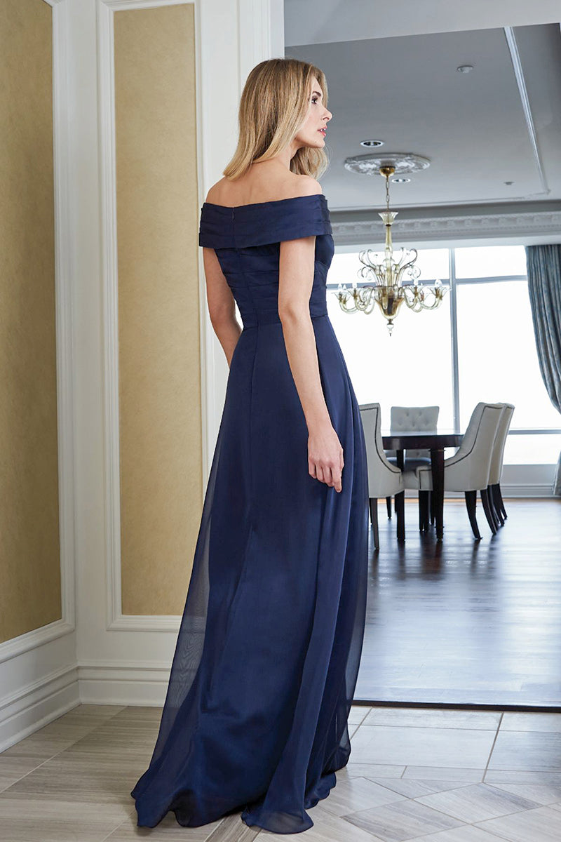 M6027 - Off-Shoulder Ruched Chiffon A-Line Long Mother of the Bride Dress