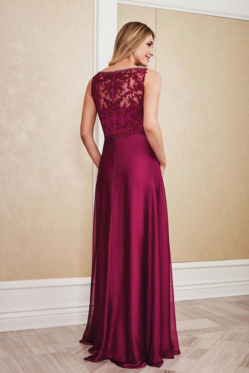 M6028 - Scoop Sleeveless Lace Beaded Satin A-Line Long Mother of the Bride Dress