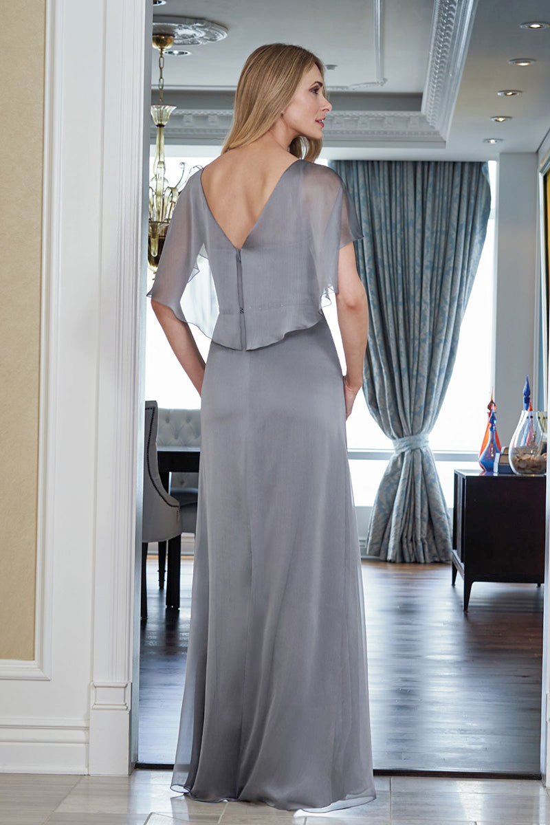 M6029 - V-Neck Cap Sleeves Ruched Satin A-Line Long Mother of the Bride Dress