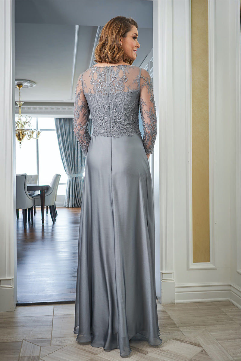 M6040 - Scoop Long Sleeves Lace Chiffon A-Line Mother of the Bride Dress