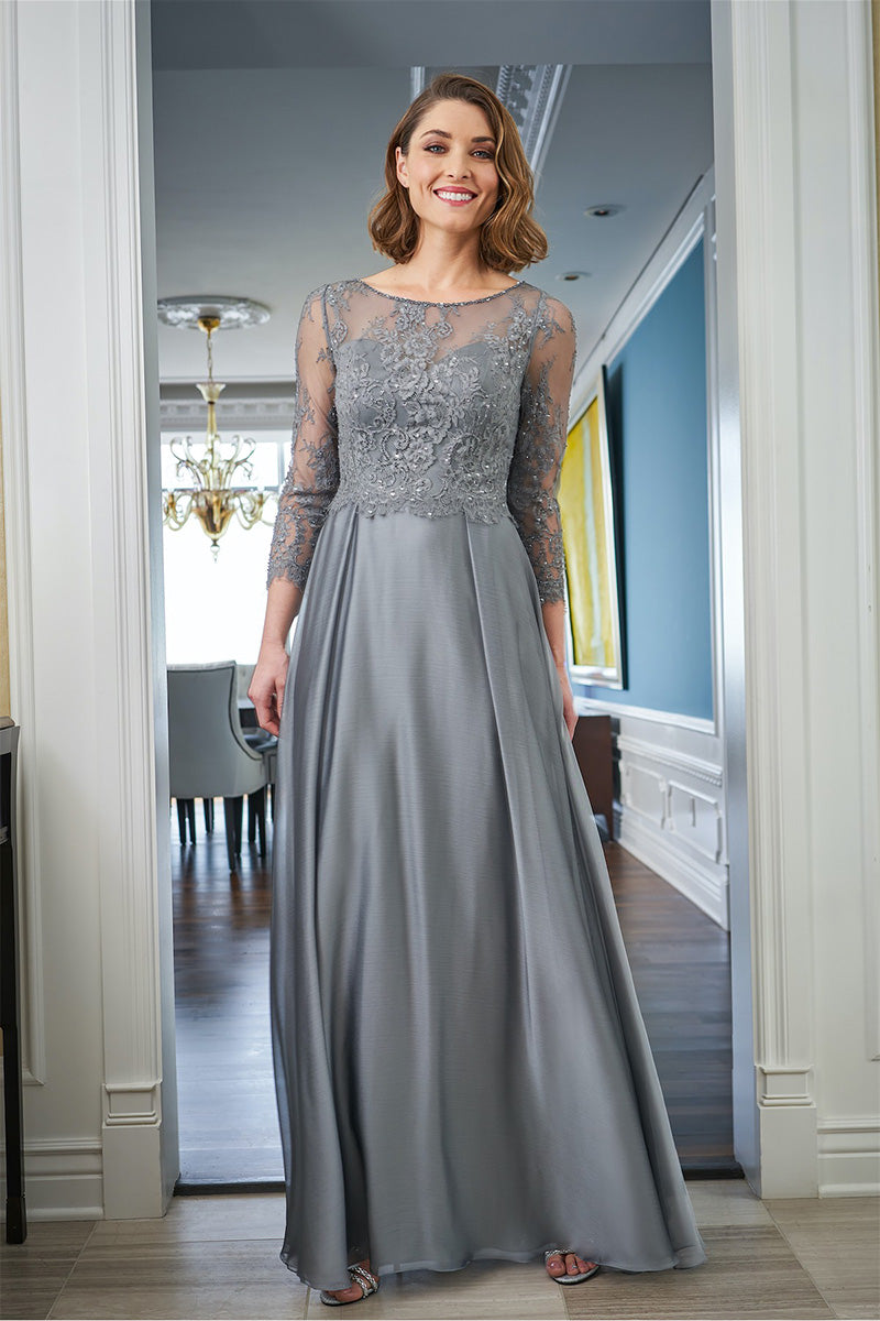 M6040 - Scoop Long Sleeves Lace Chiffon A-Line Mother of the Bride Dress