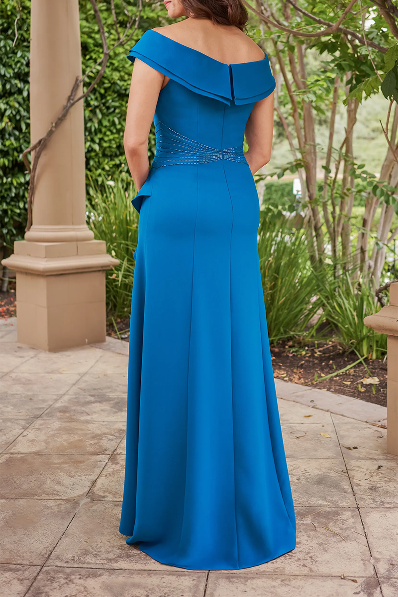 M6042 - Off-Shoulder Beaded Satin A-Line Long Mother of the Bride Dress