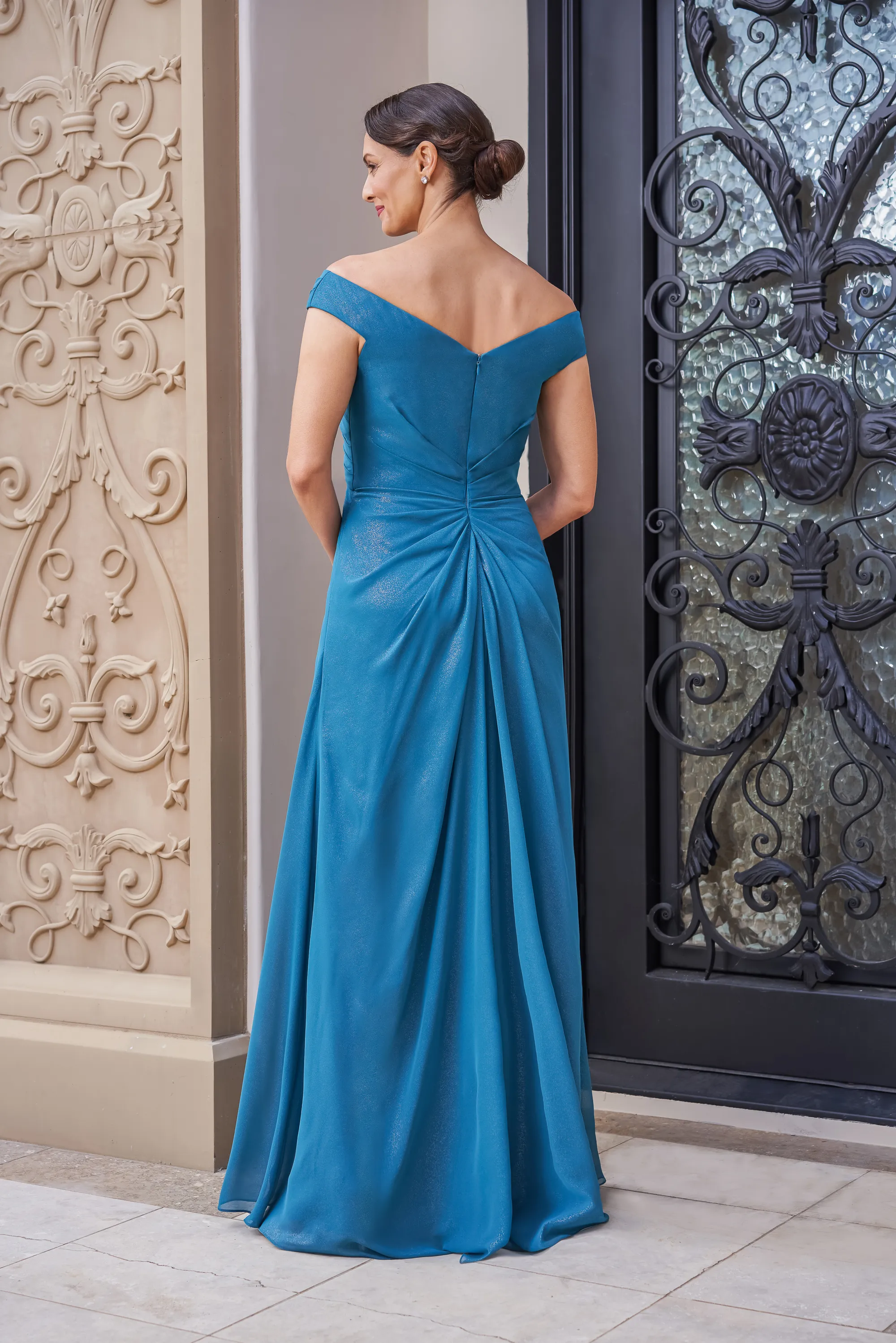 M6050 - Off-Shoulder Beaded Ruched Chiffon A-Line Mother of the Bride Dress