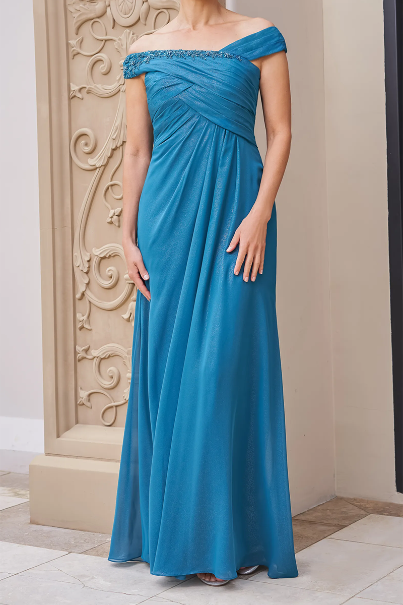 M6050 - Off-Shoulder Beaded Ruched Chiffon A-Line Mother of the Bride Dress