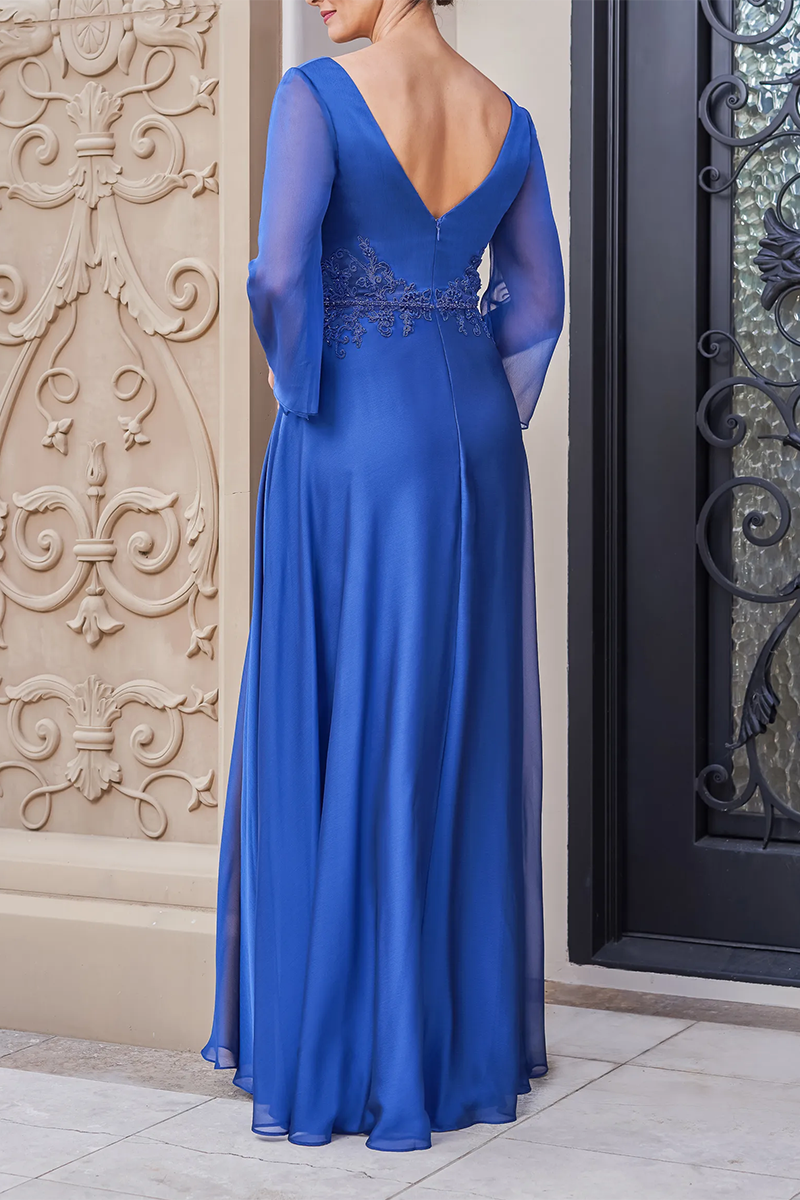 M6051 - V-Neck Long Sleeves Appliqued Satin A-Line Mother of the Bride Dress