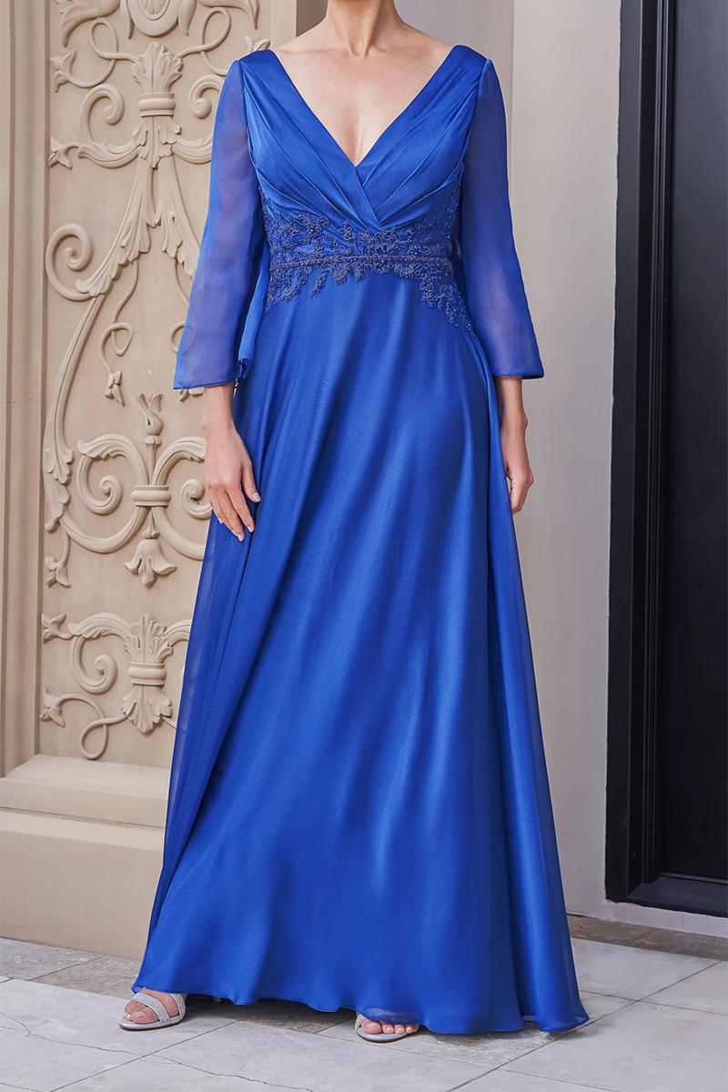 M6051 - V-Neck Long Sleeves Appliqued Satin A-Line Mother of the Bride Dress