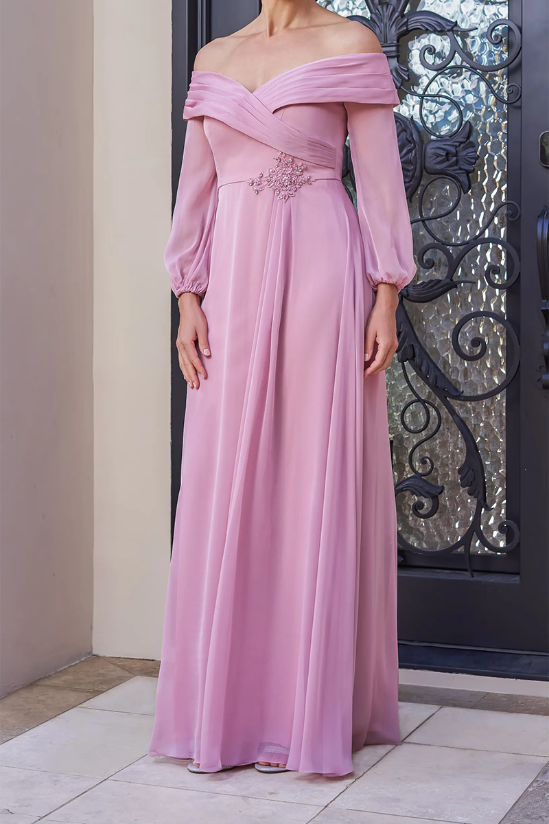 M6052 - Off-Shoulder Long Sleeves Ruched Chiffon A-Line Mother of the Bride Dress