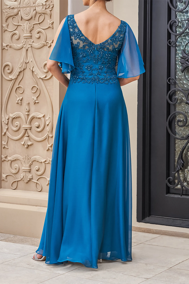 M6054 - V-Neck Short Sleeves Appliqued A-Line Mother of the Bride Dress