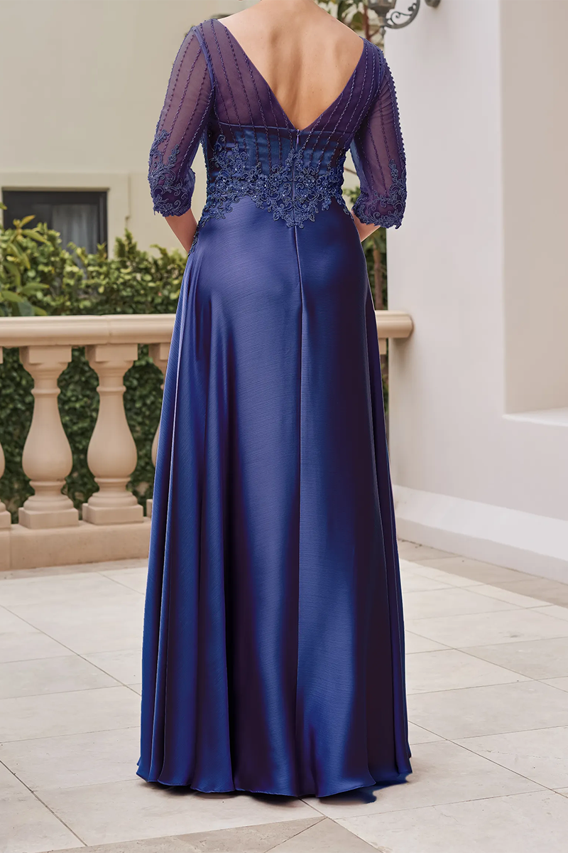 M6055 - V-Neck Half Sleeves Beaded Appliqued A-Line Mother of the Bride Dress