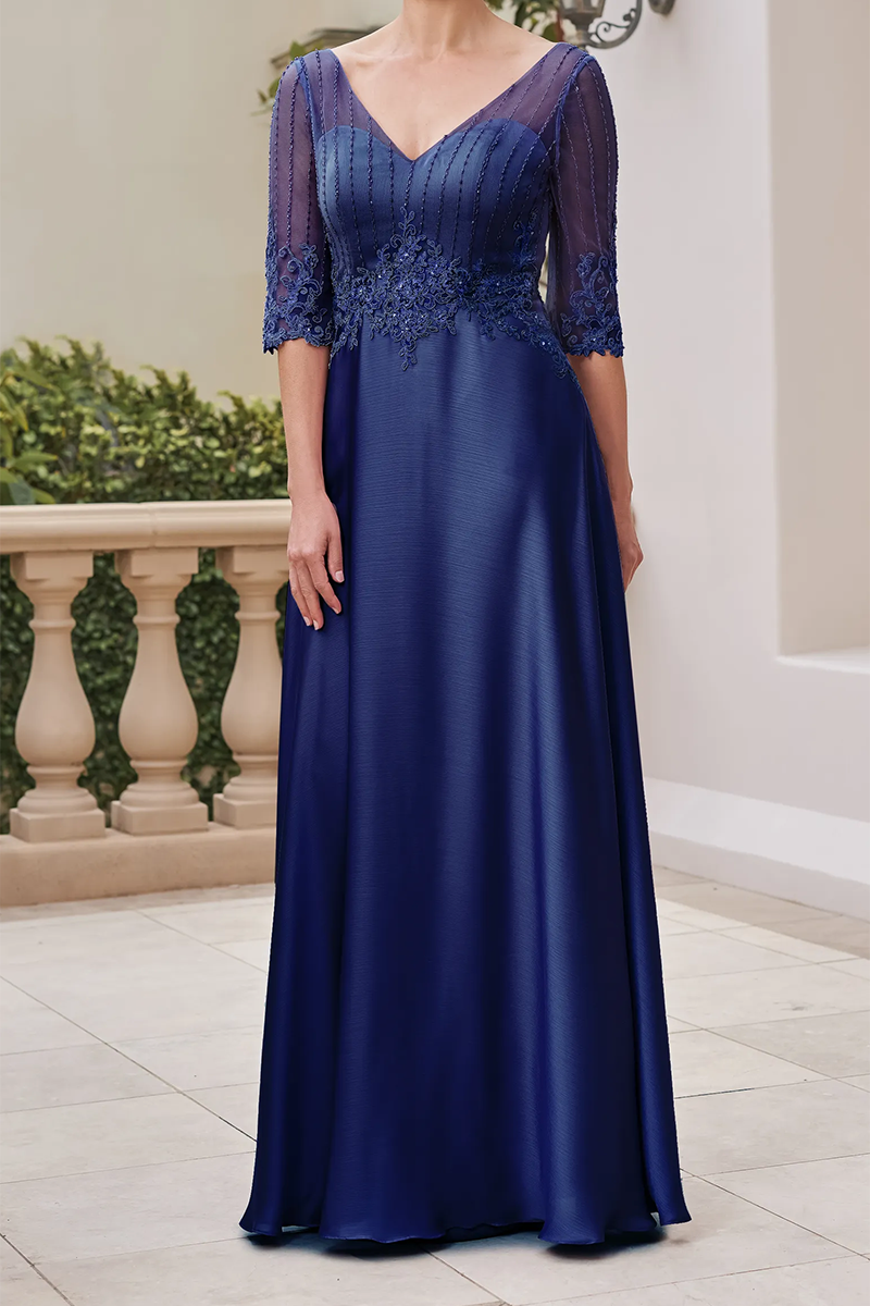 M6055 - V-Neck Half Sleeves Beaded Appliqued A-Line Mother of the Bride Dress