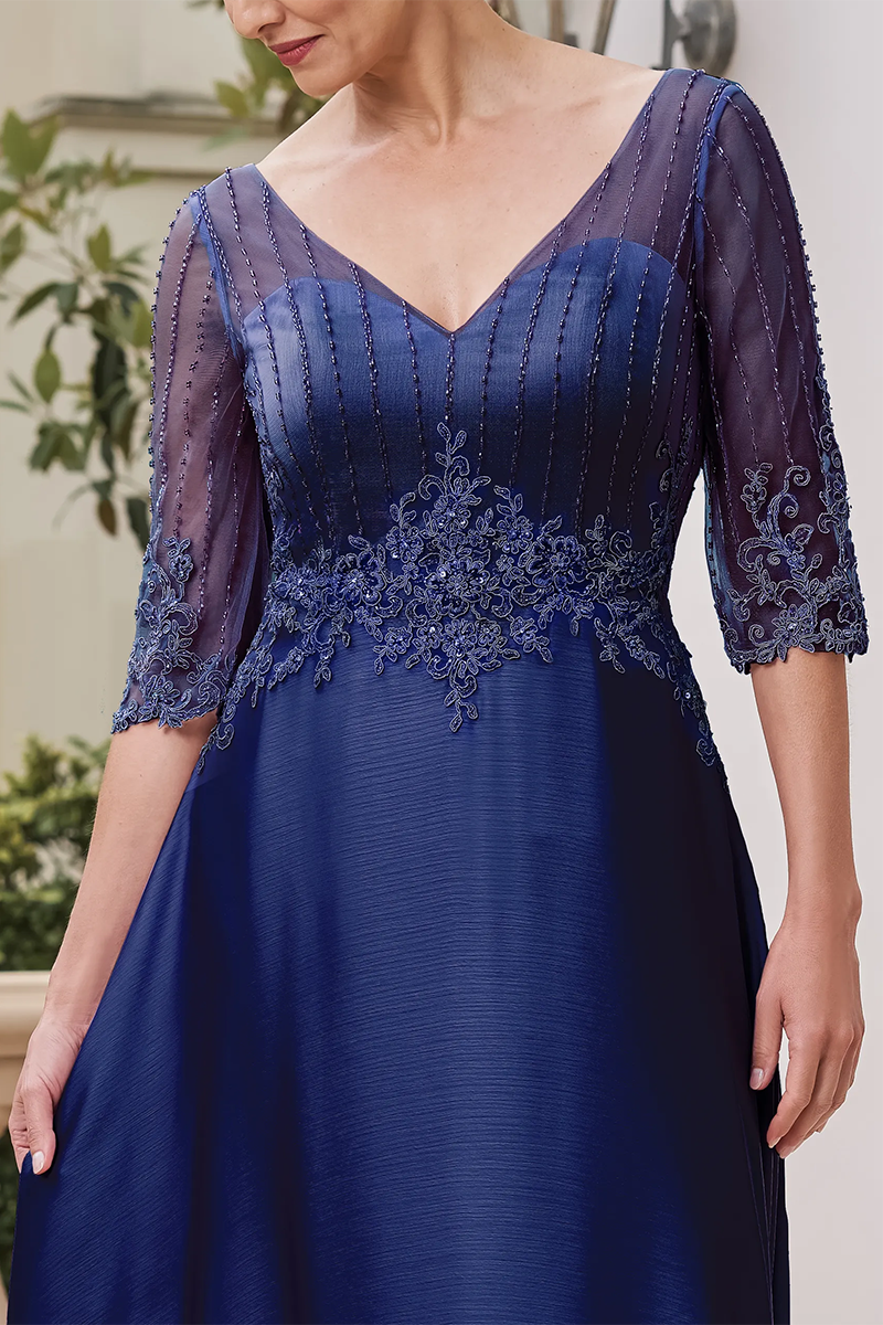 M6055 - V-Neck Half Sleeves Beaded Appliqued A-Line Mother of the Bride Dress