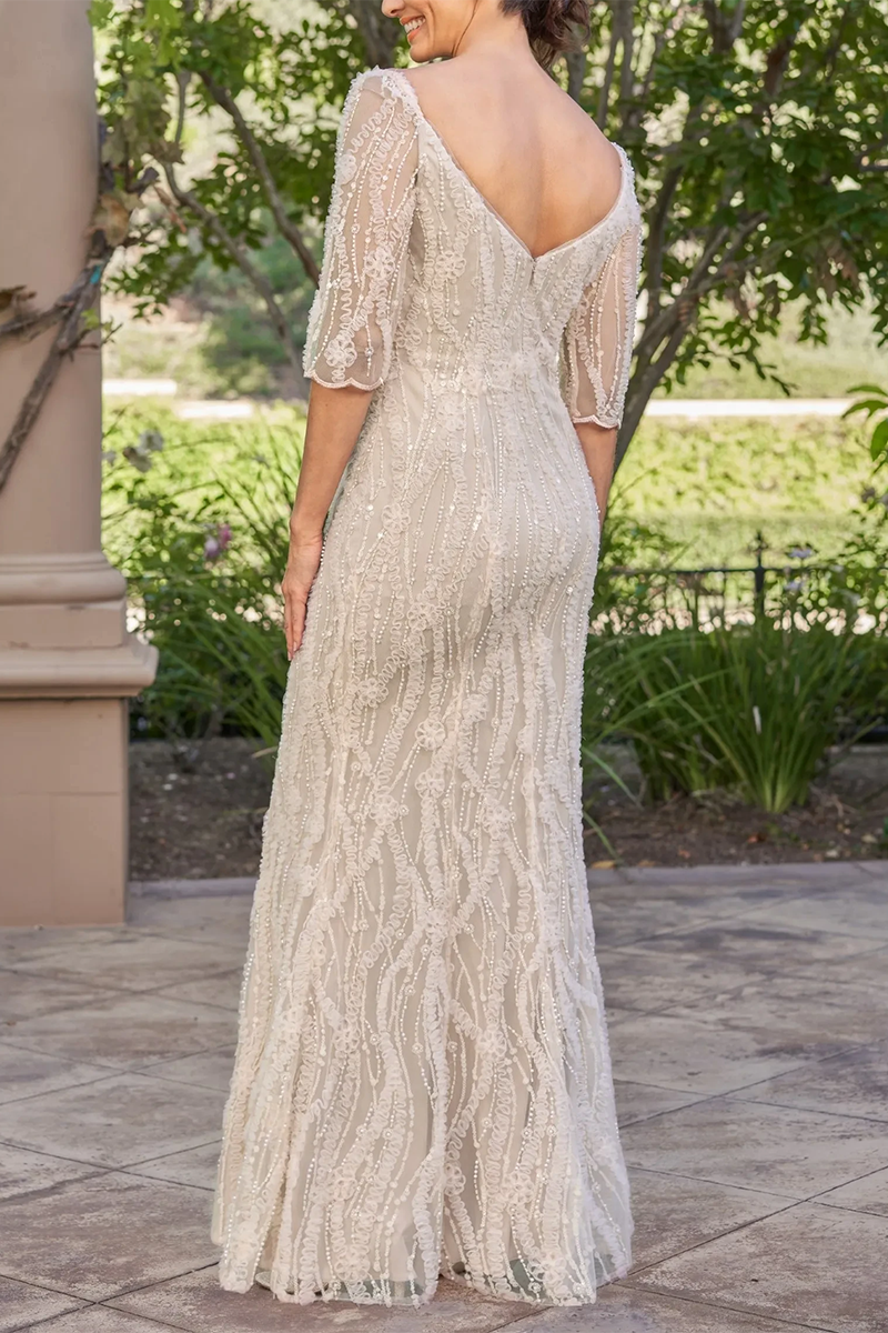 M6058 - V-Neck Half Sleeves Beaded Tulle Sheath Mother of the Bride Dress