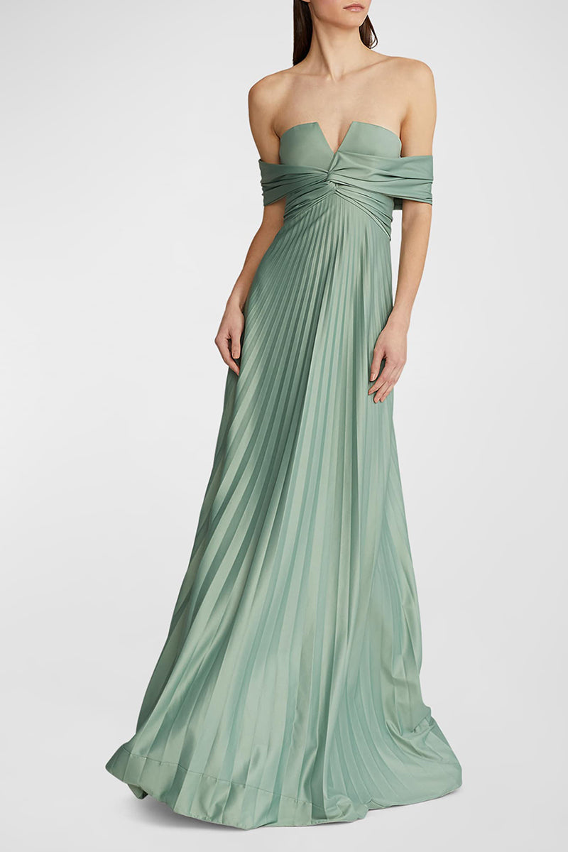 M6070 - Off-Shoulder Ruched Satin A-Line Long Mother of the Bride Dress