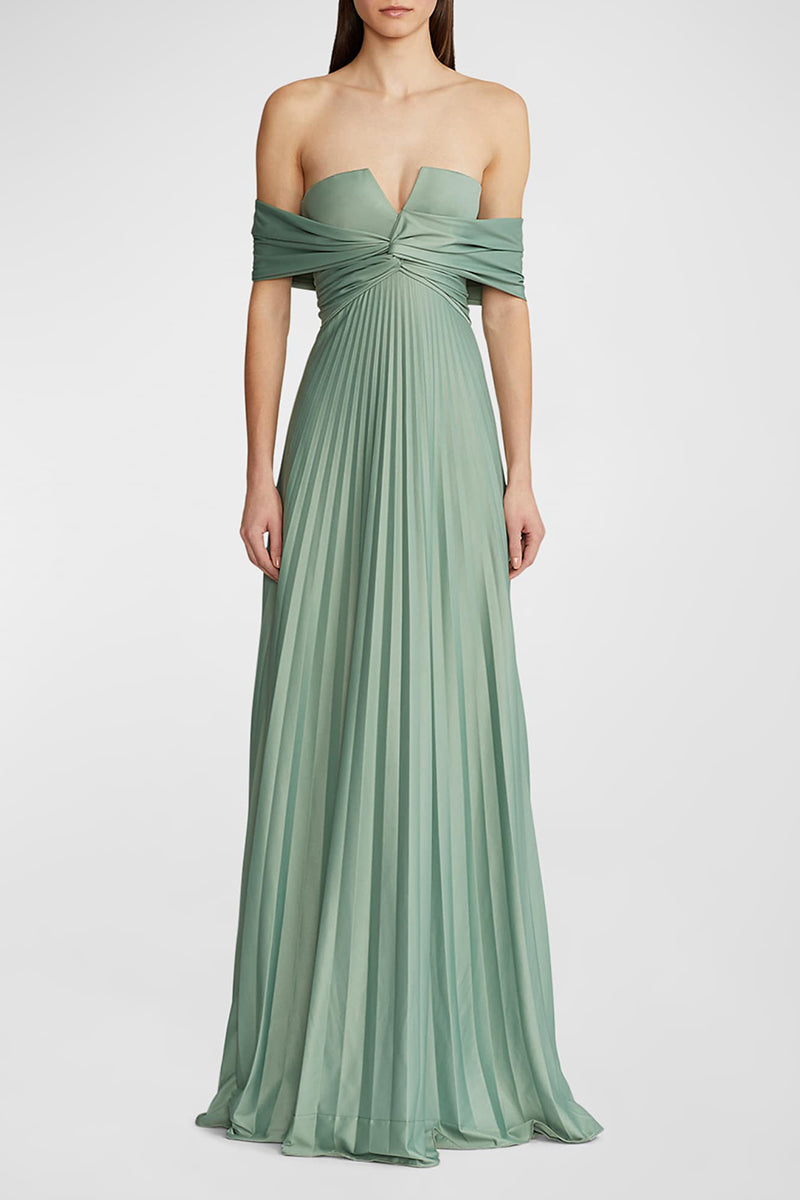 M6070 - Off-Shoulder Ruched Satin A-Line Long Mother of the Bride Dress