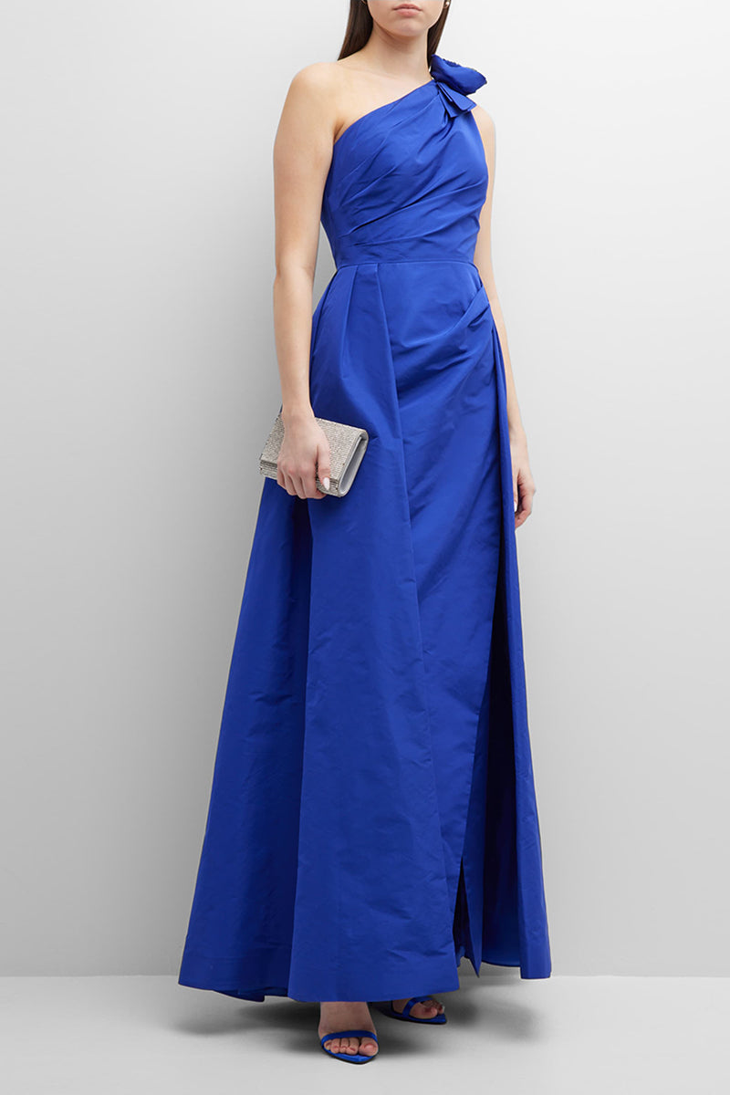 M6071 - One Shoulder Floral Ruched Satin A-Line Long Mother of the Bride Dress