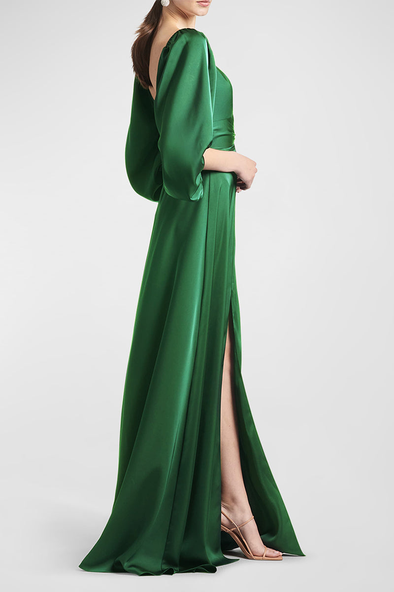 M6072 - V-Neck Long Sleeves Satin A-Line Long Mother of the Bride Dress