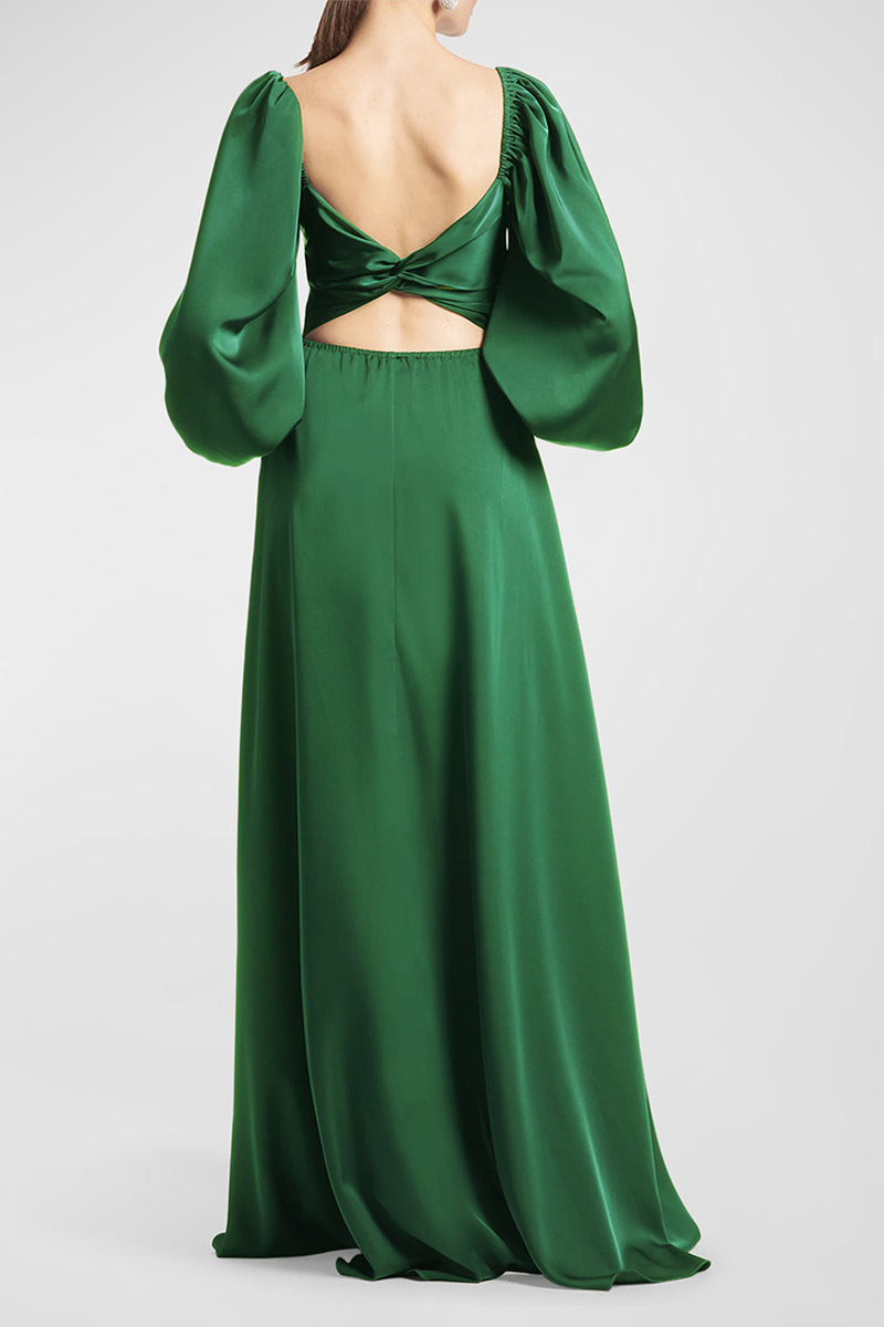 M6072 - V-Neck Long Sleeves Satin A-Line Long Mother of the Bride Dress