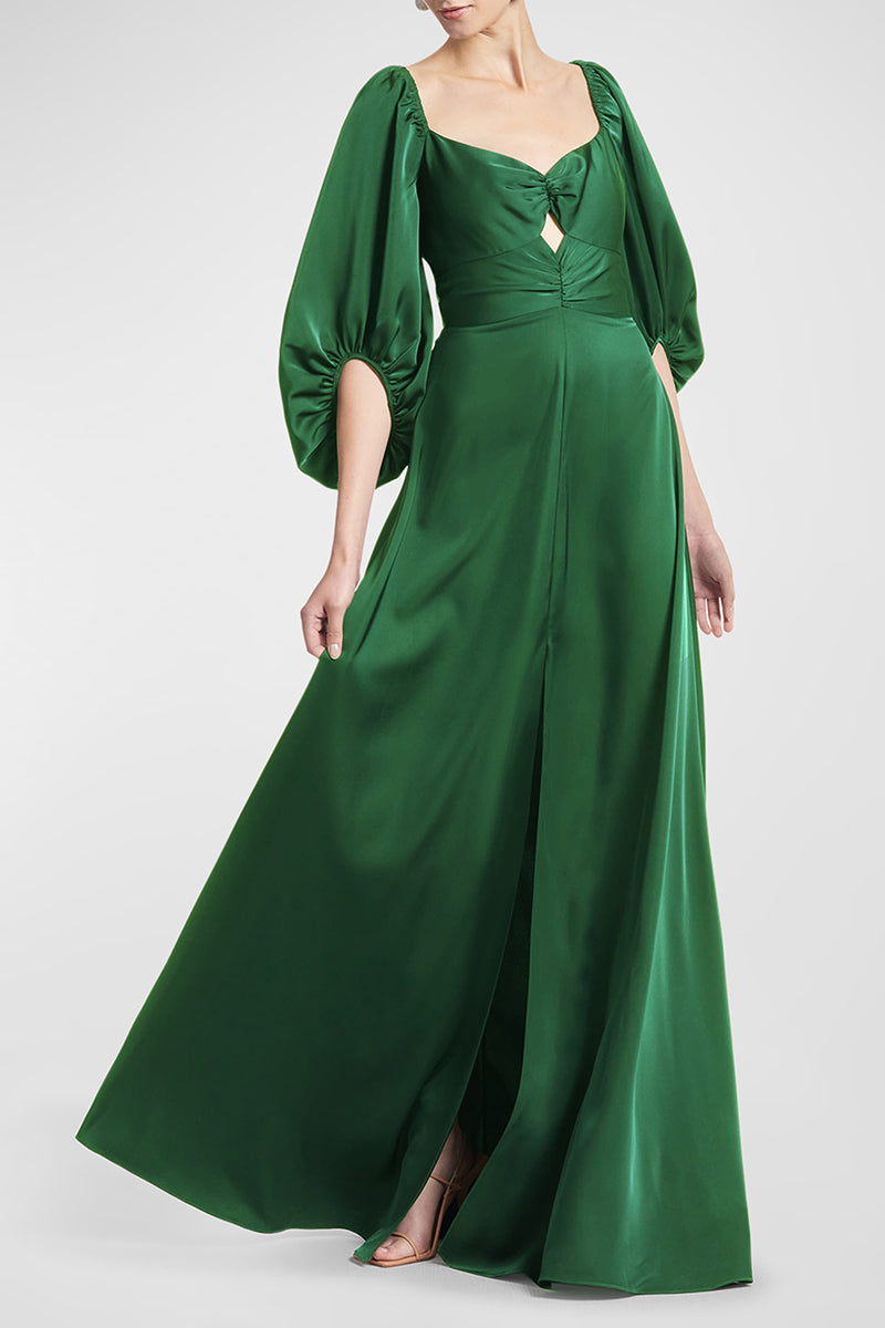 M6072 - V-Neck Long Sleeves Satin A-Line Long Mother of the Bride Dress