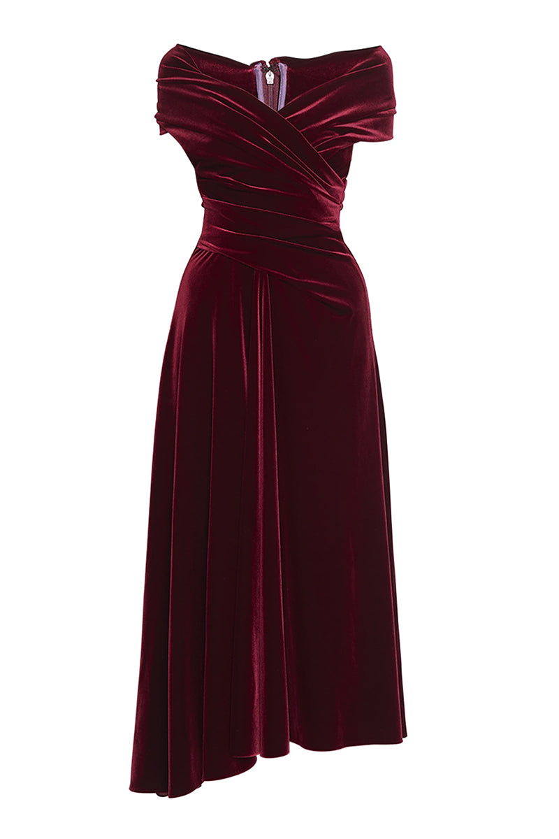 M6075 - V-Neck Off-Shoulder Ruched Velvet A-Line Midi Mother of the Bride Dress