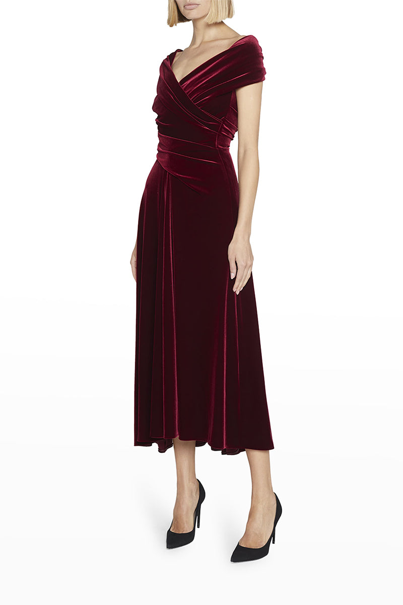 M6075 - V-Neck Off-Shoulder Ruched Velvet A-Line Midi Mother of the Bride Dress