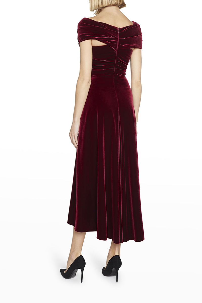 M6075 - V-Neck Off-Shoulder Ruched Velvet A-Line Midi Mother of the Bride Dress