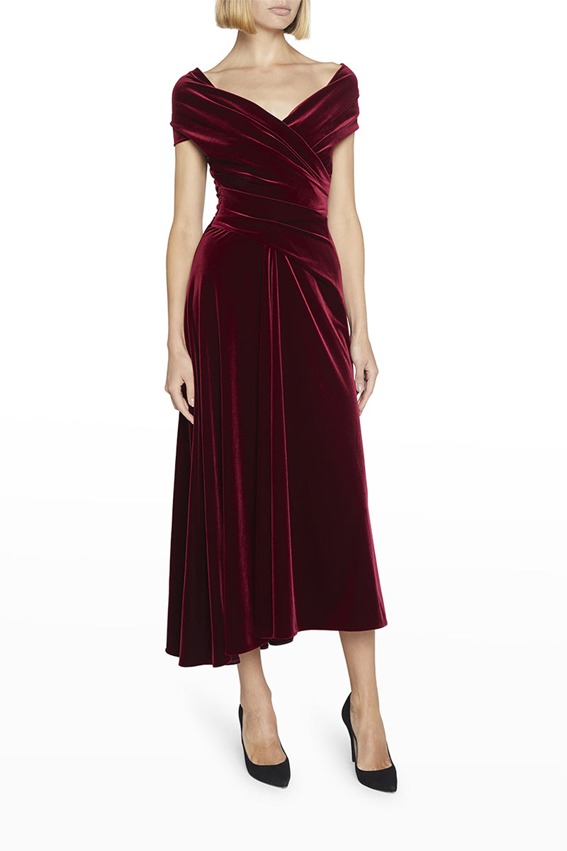 M6075 - V-Neck Off-Shoulder Ruched Velvet A-Line Midi Mother of the Bride Dress