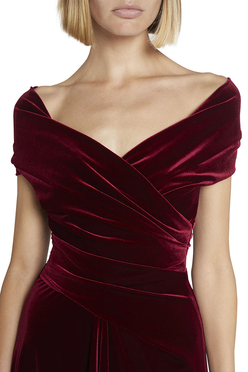 M6075 - V-Neck Off-Shoulder Ruched Velvet A-Line Midi Mother of the Bride Dress