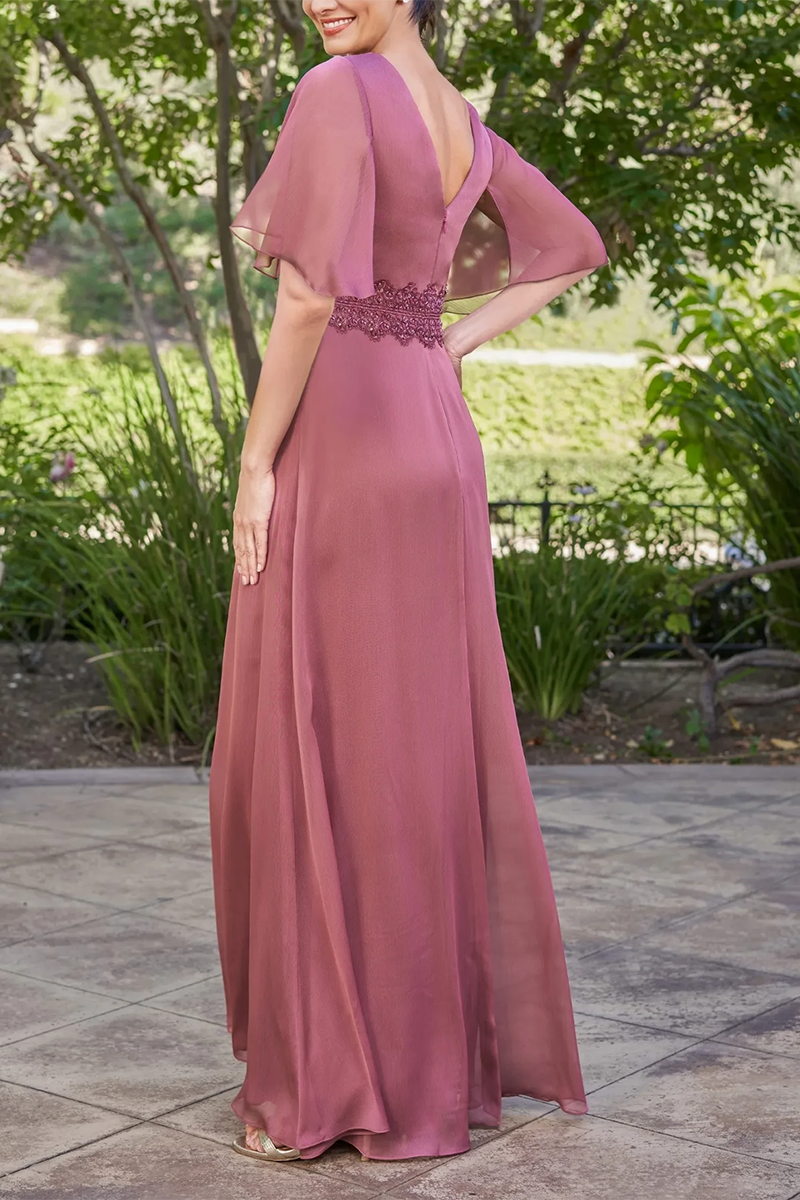 M6088 - V-Neck Cap Sleeves Beaded Chiffon A-Line Long Mother of the Bride Dress