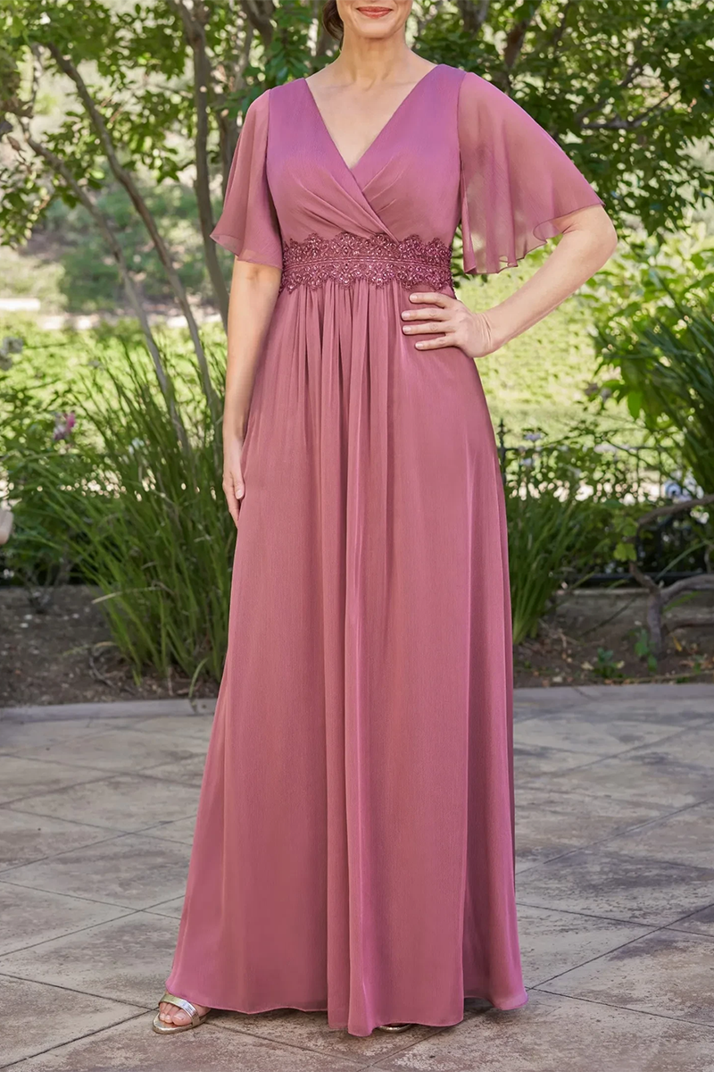 M6088 - V-Neck Cap Sleeves Beaded Chiffon A-Line Long Mother of the Bride Dress