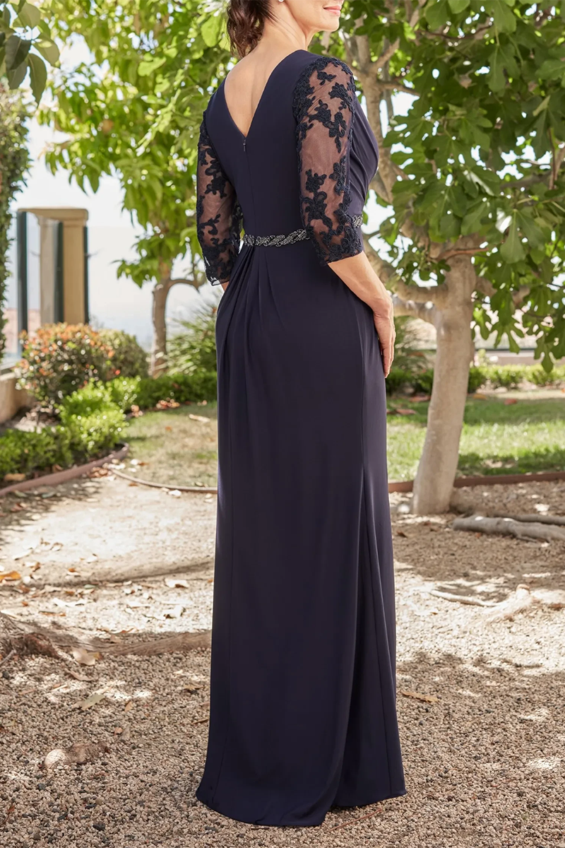 M6091 - V-Neck Half Sleeves Beaded Lace Chiffon A-Line Mother of the Bride Dress