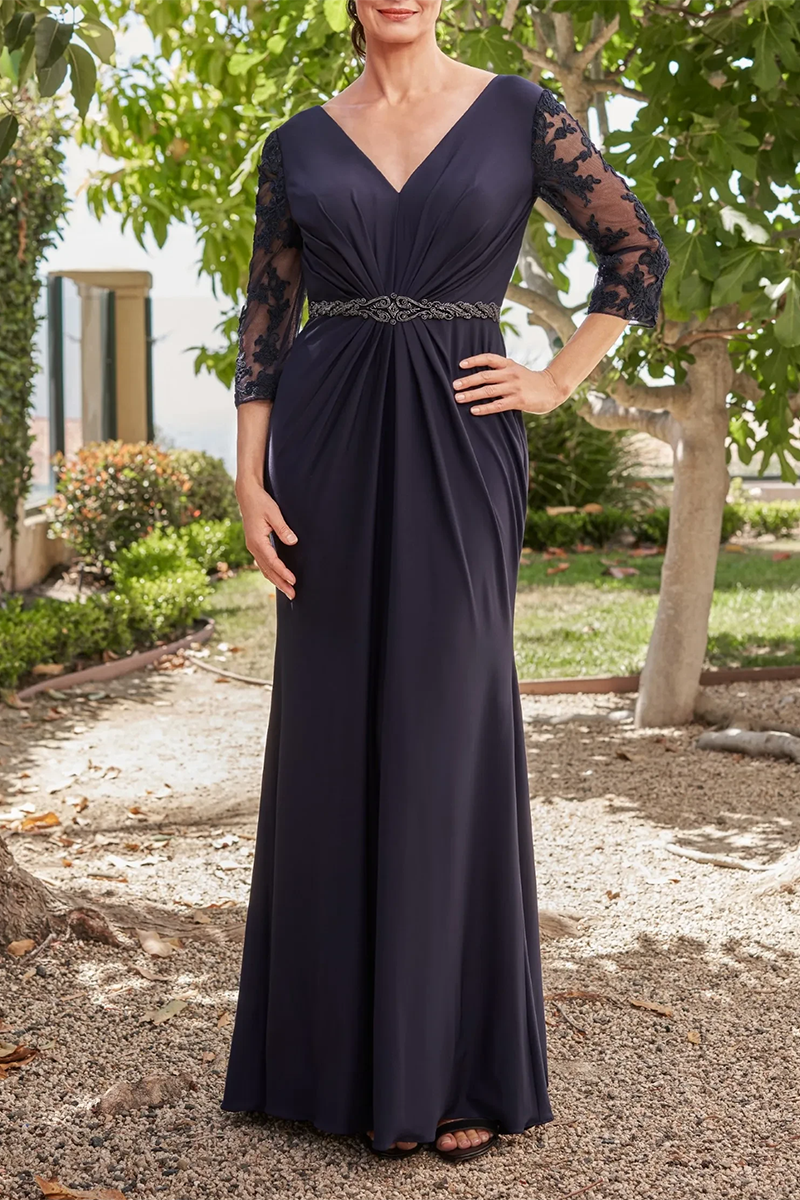 M6091 - V-Neck Half Sleeves Beaded Lace Chiffon A-Line Mother of the Bride Dress