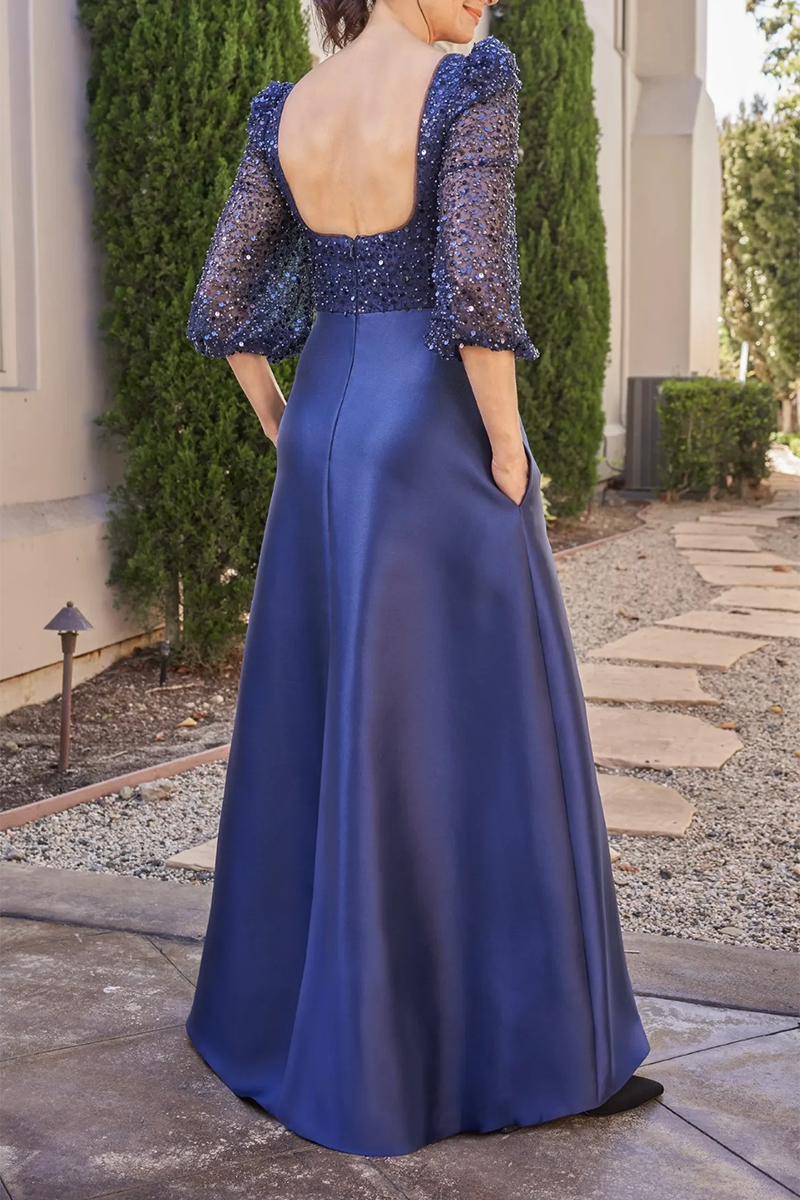 M6097 - Square Neck Half Sleeves Sequined Satin A-Line Mother of the Bride Dress