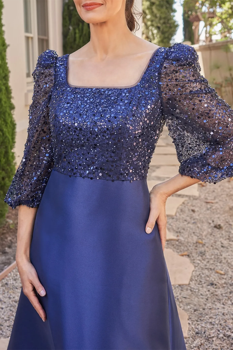 M6097 - Square Neck Half Sleeves Sequined Satin A-Line Mother of the Bride Dress