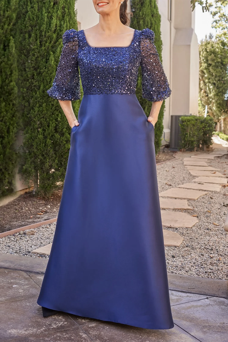 M6097 - Square Neck Half Sleeves Sequined Satin A-Line Mother of the Bride Dress