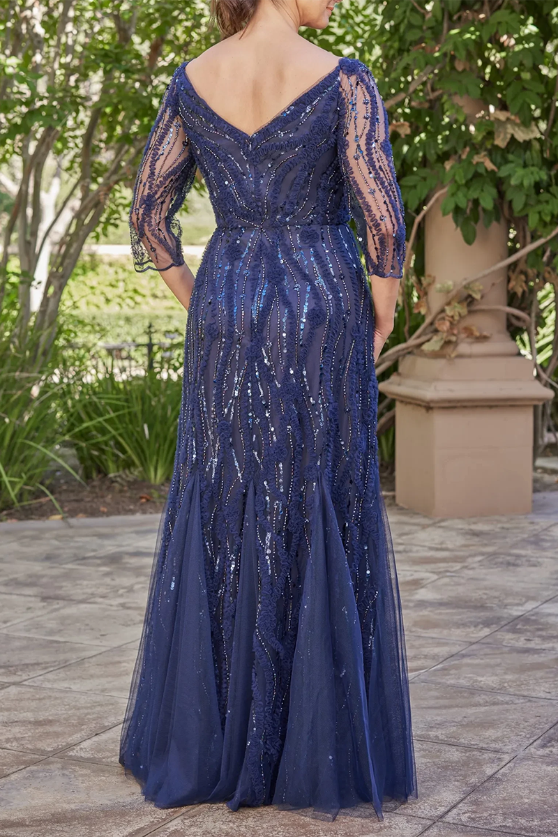 M6100 - V-Neck Half Sleeves Beaded Chiffon A-Line Long Mother of the Bride Dress