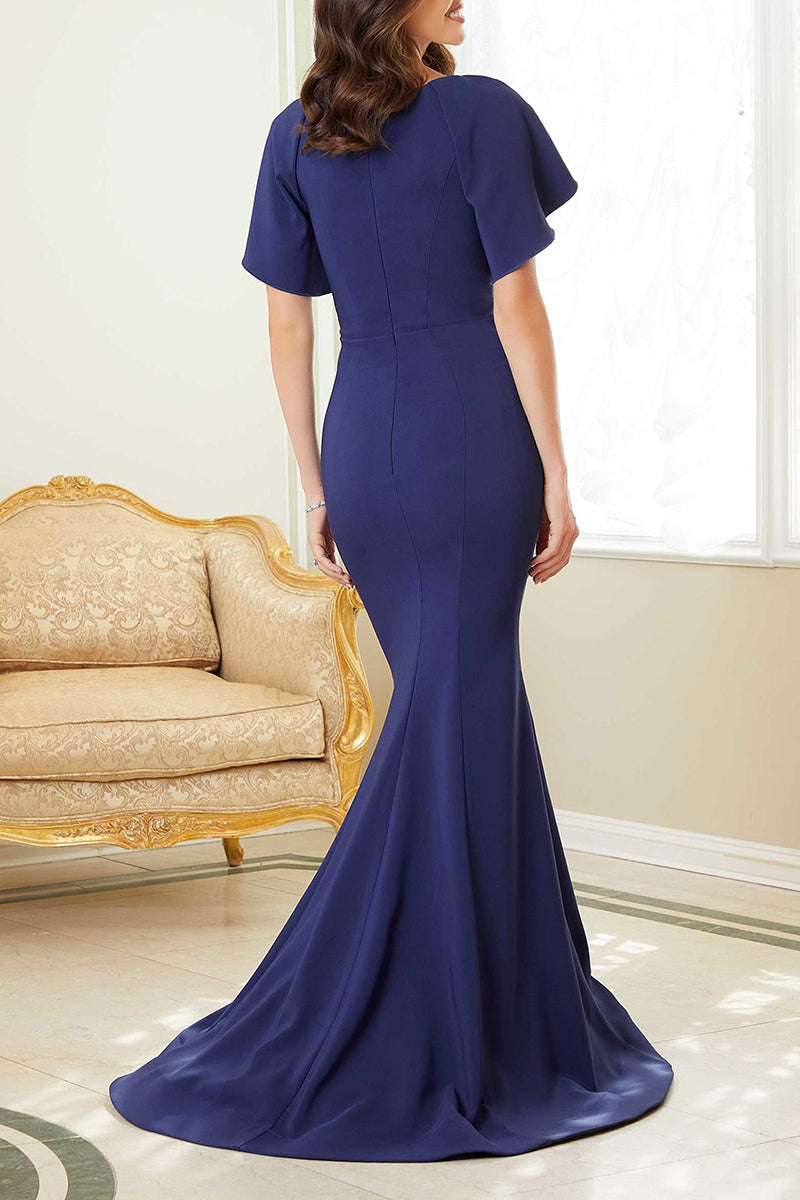 M6105 - V-Neck Cap Sleeves Satin Mermaid Long Mother of the Bride Dress