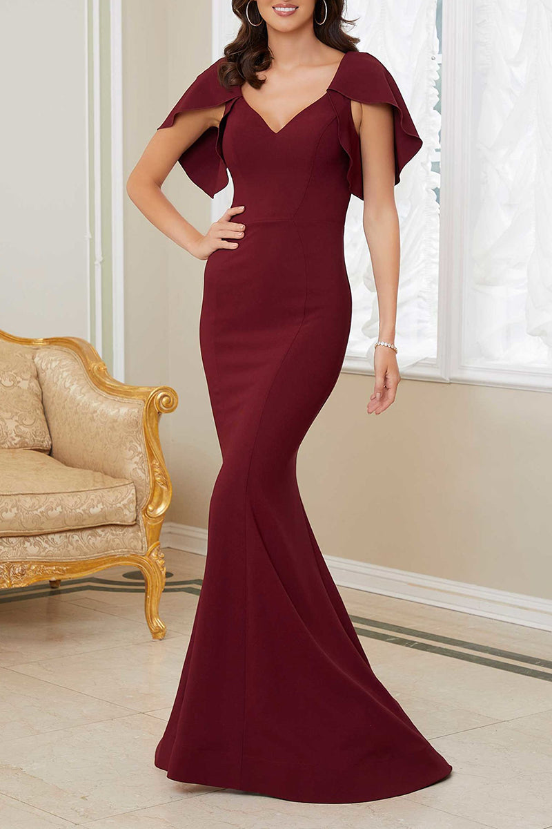 M6105 - V-Neck Cap Sleeves Satin Mermaid Long Mother of the Bride Dress