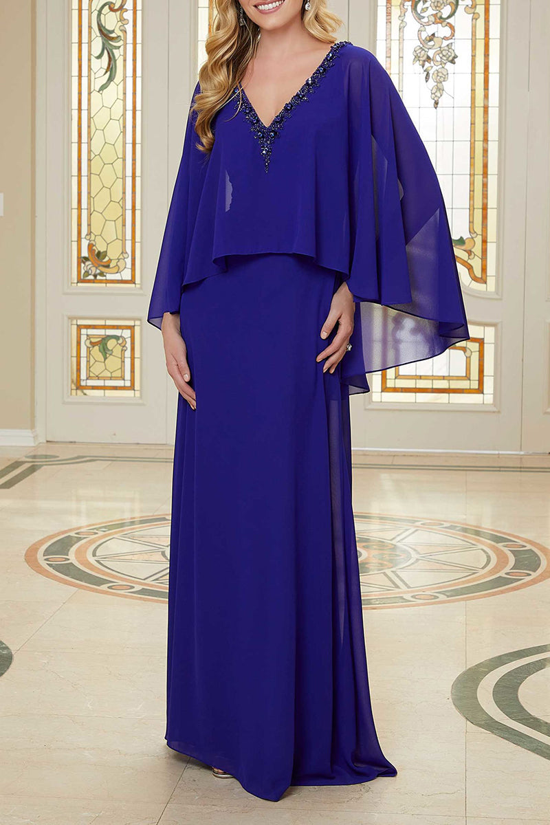 M6106 - V-Neck Long Sleeves Chiffon Sheath Long Mother of the Bride Dress