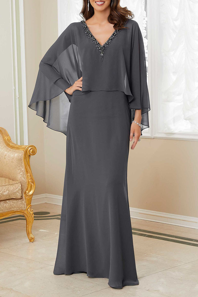 M6106 - V-Neck Long Sleeves Chiffon Sheath Long Mother of the Bride Dress