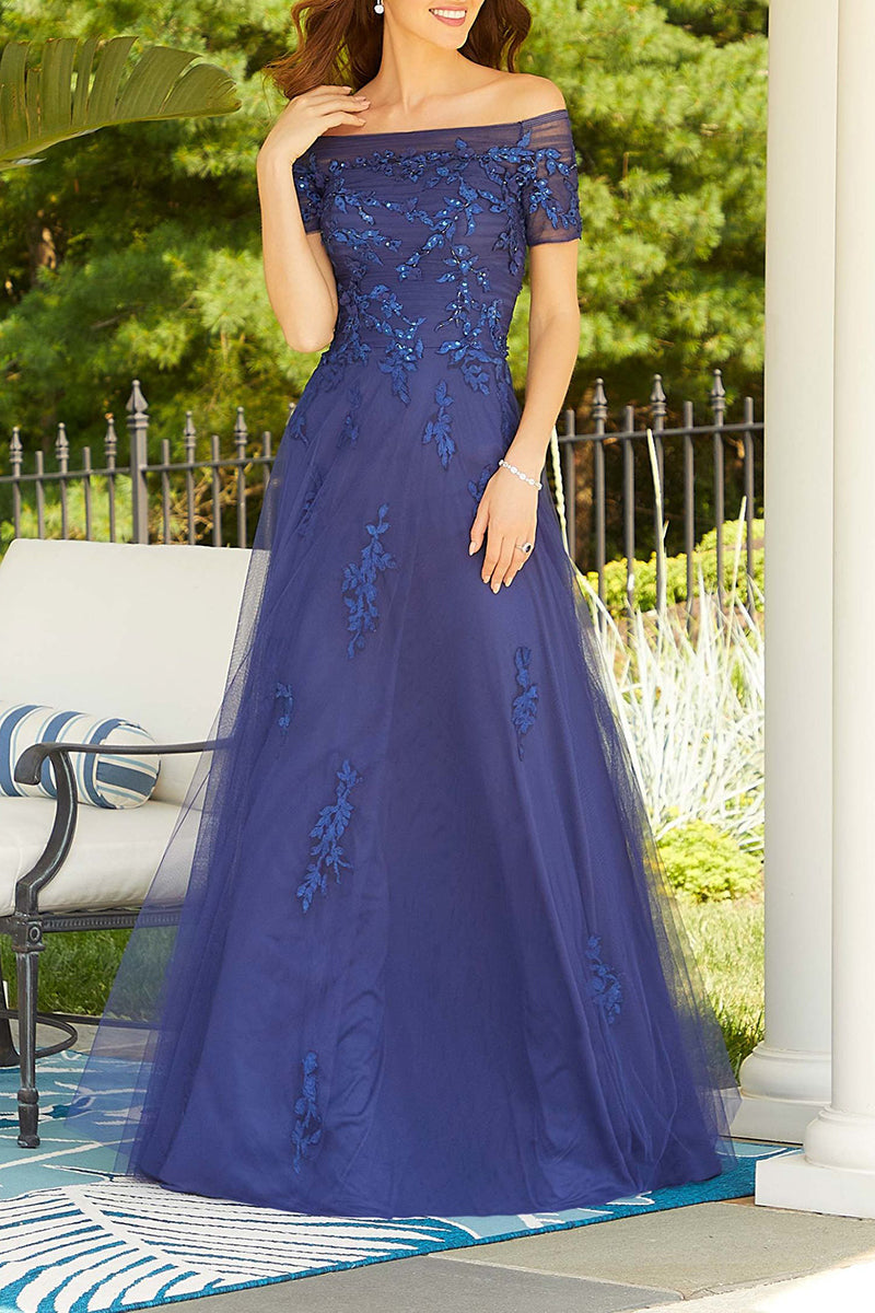 M6119 - Off-Shoulder Appliqued Tulle A-Line Long Mother of the Bride Dress