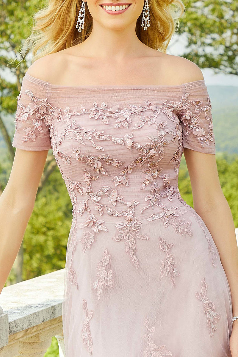 M6119 - Off-Shoulder Appliqued Tulle A-Line Long Mother of the Bride Dress