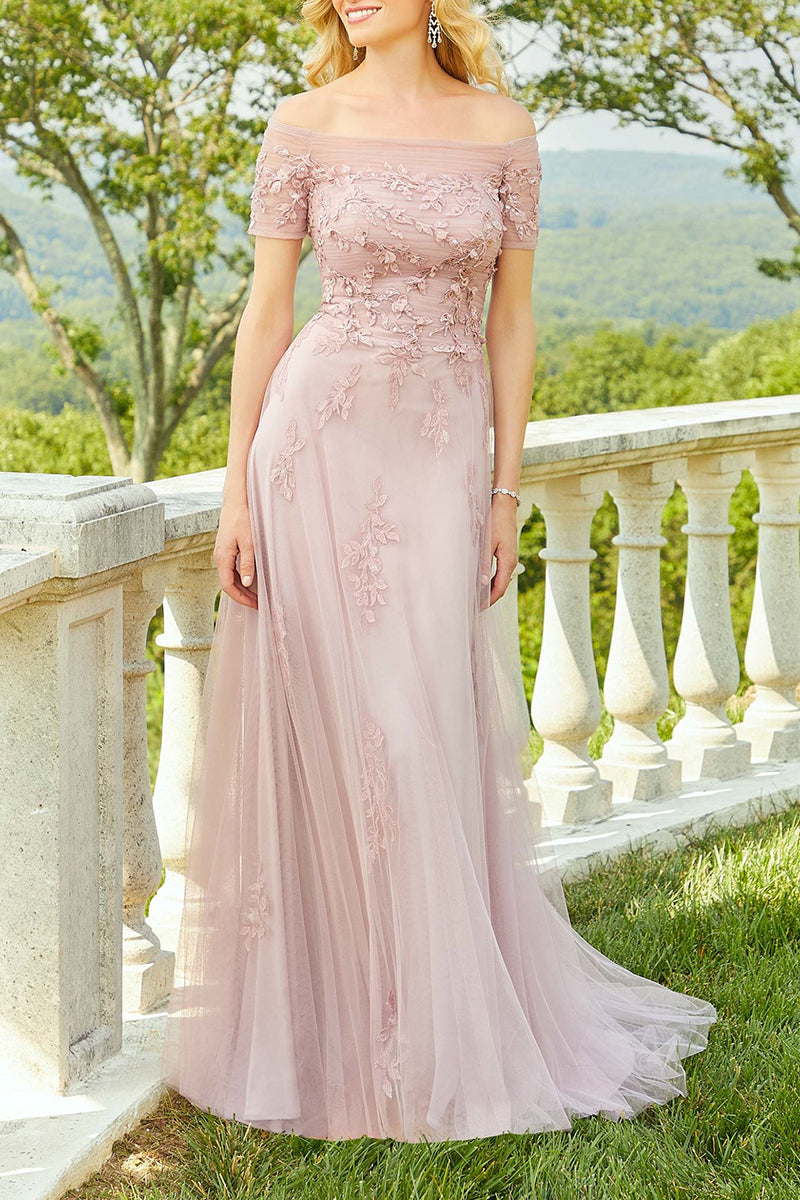 M6119 - Off-Shoulder Appliqued Tulle A-Line Long Mother of the Bride Dress