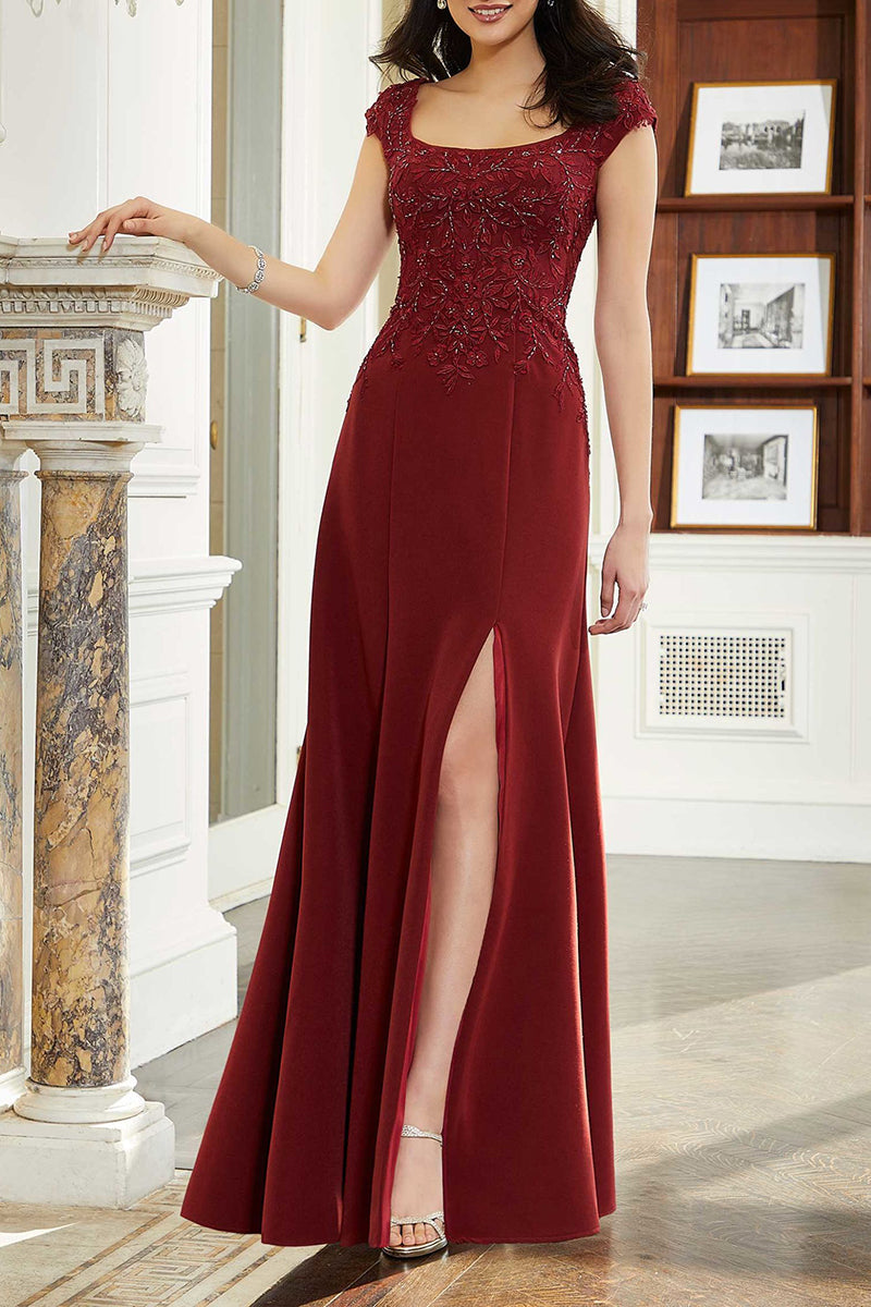 M6120 - Square Neck Appliqued Chiffon A-Line Long Mother of the Bride Dress