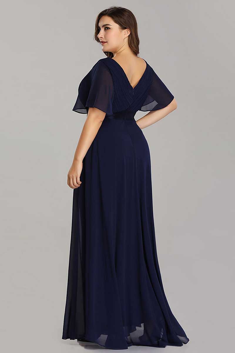 M6143 - V-Neck Short Sleeves Chiffon A-Line Long Mother of the Bride Dress