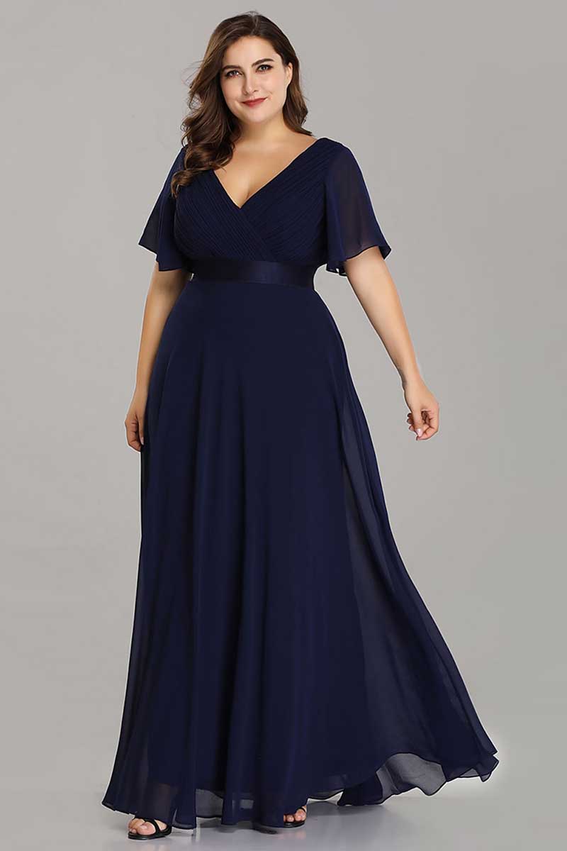 M6143 - V-Neck Short Sleeves Chiffon A-Line Long Mother of the Bride Dress